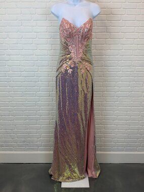 Sequin Mermaid Gown Pink Gold Beaded Floral Corset Slit Size 8